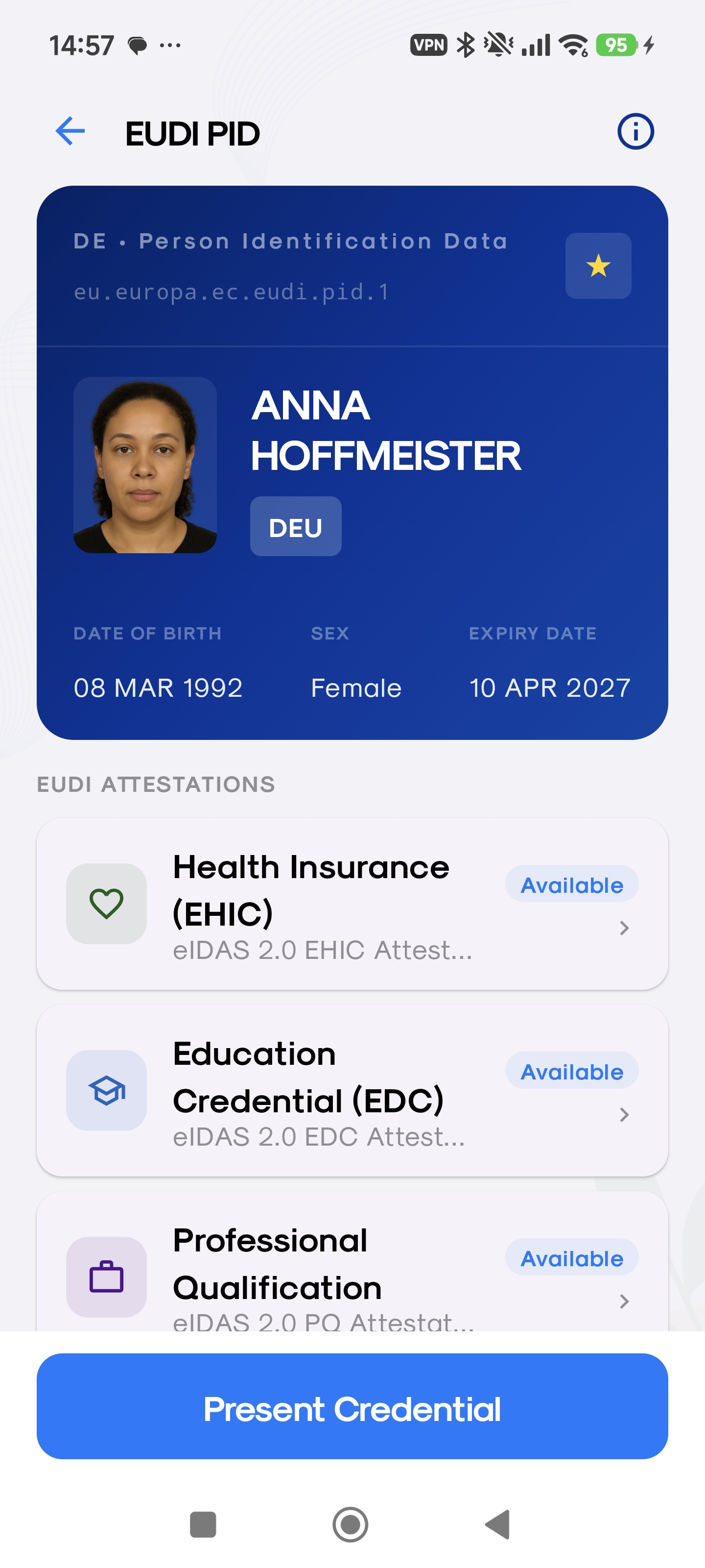 EUDI PID with health insurance, education, and professional attestations
