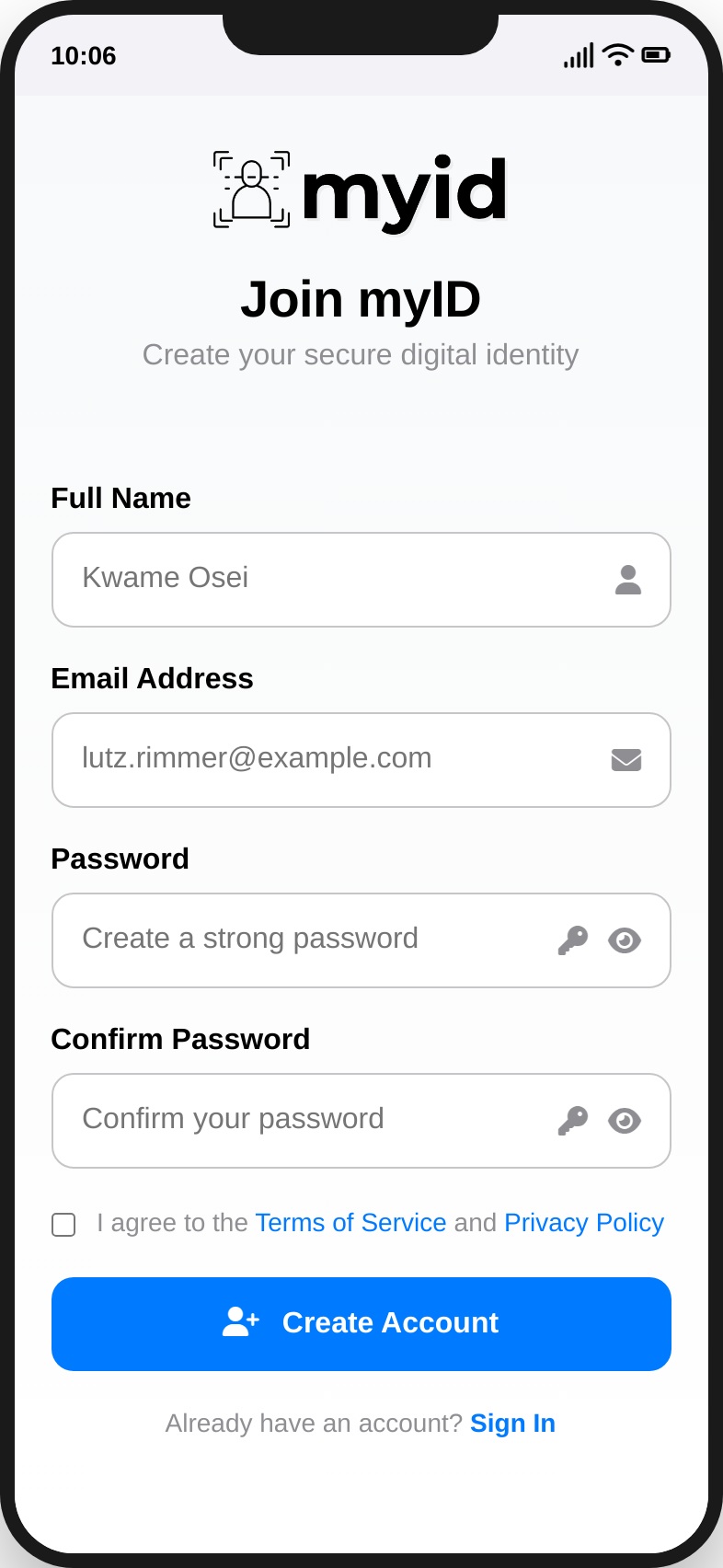 myID app sign-up screen