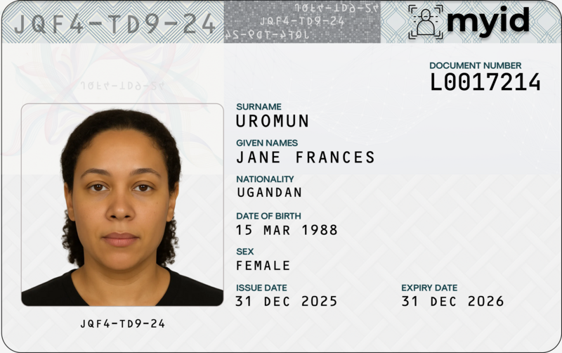 myID TD1 Card Front showing personal details